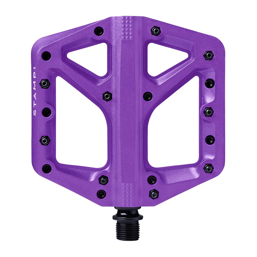 Pair of black Crankbrothers Stamp 1 platform pedals for mountain biking, showcasing the durable design and large pedal surface.
