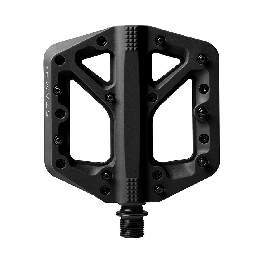 Crankbrothers Stamp 1 platform pedals in black, pair, with large design for mountain biking or cycling.