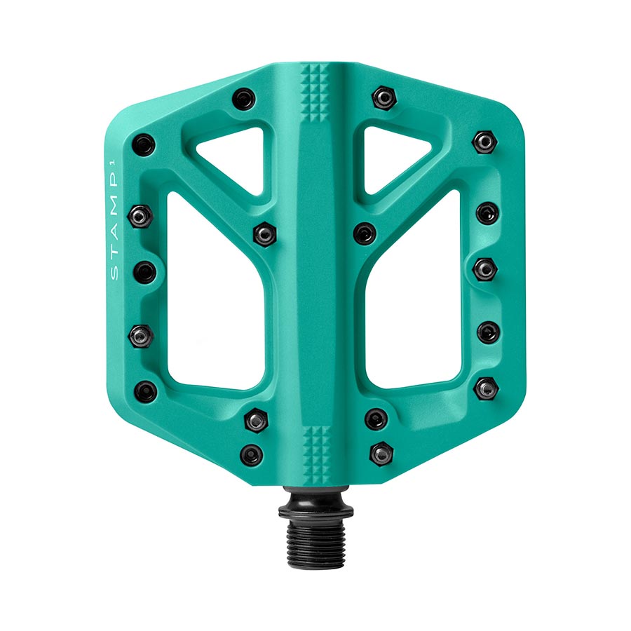 Pair of Crankbrothers Stamp 1 platform pedals in black, featuring durable design and large surface for mountain biking.