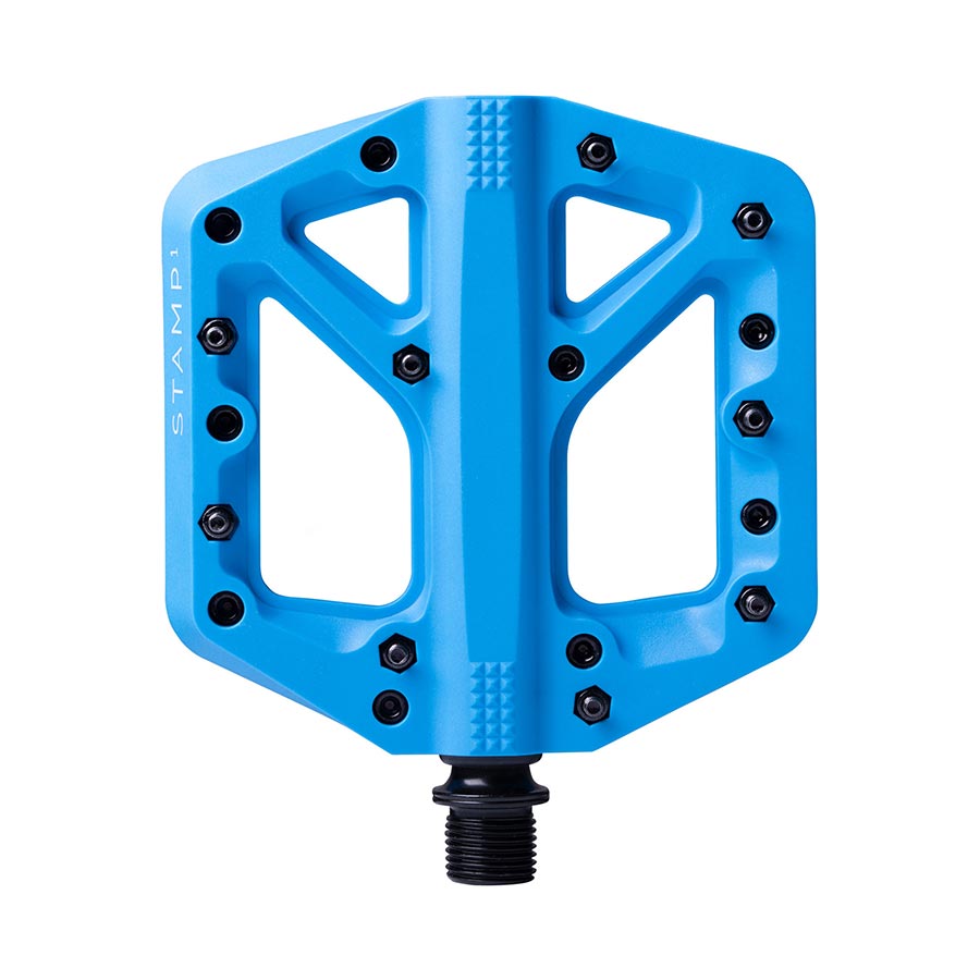 Pair of Crankbrothers Stamp 1 platform pedals in black, with large flat surfaces and metal pins for grip.
