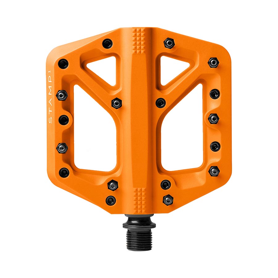 Pair of black Crankbrothers Stamp 1 platform pedals for mountain bikes, showing their sturdy design and large pedal surface.