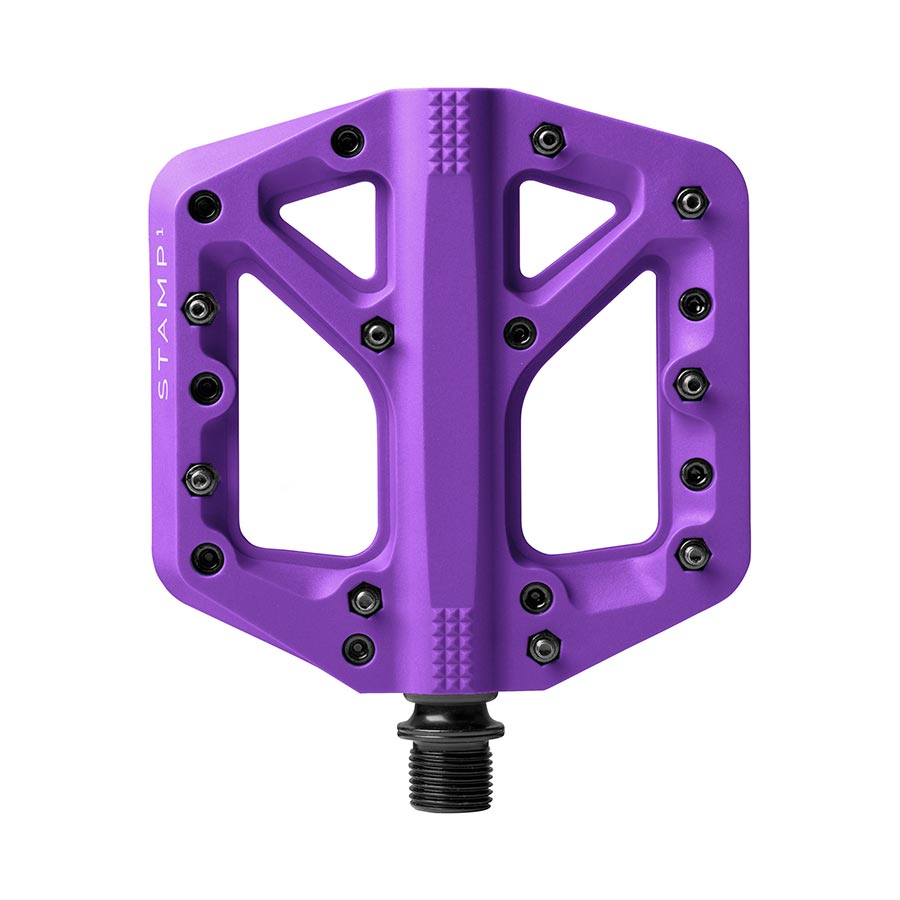 Pair of Crankbrothers Stamp 1 platform pedals in black, durable BMX-style pedals for mountain biking and cycling.