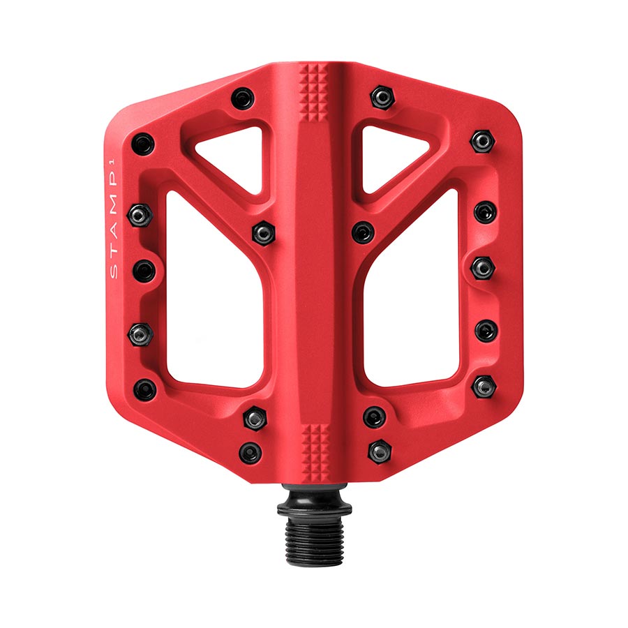 Pair of Crankbrothers Stamp 1 platform pedals in black, large size, durable metal pedals for mountain biking or cycling.