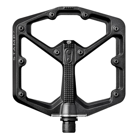 Crankbrothers Stamp 7 platform pedals with large aluminum body, Cr-Mo spindle, black pair, designed for mountain biking.