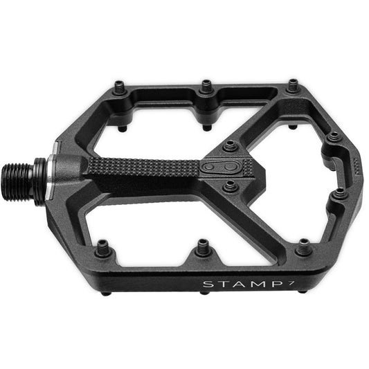 Crankbrothers Stamp 7 platform pedals with large aluminum body and Cr-Mo spindle in black, pair for mountain biking.