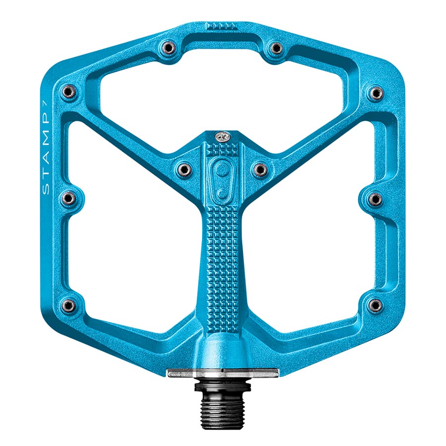 Crankbrothers Stamp 7 platform pedals with large aluminum body and Cr-Mo spindle in black, pair for mountain biking.