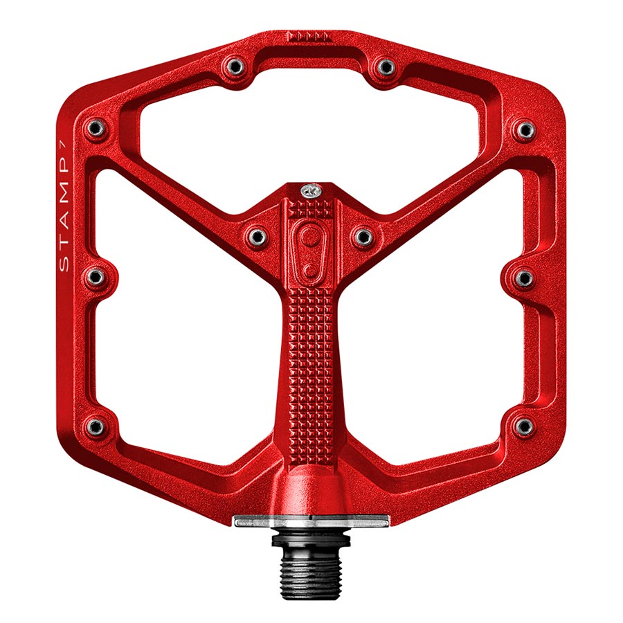 Crankbrothers Stamp 7 platform pedals with large aluminum body and Cr-Mo spindle in black, pair for mountain biking.