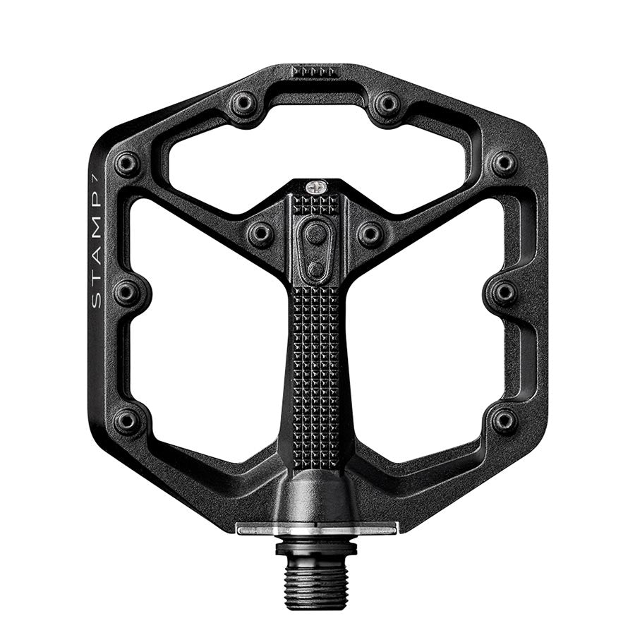 Crankbrothers Stamp 7 platform pedals with large aluminum body and Cr-Mo spindle in black, pair for mountain biking.