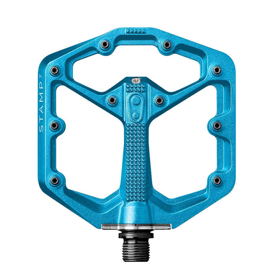 Crankbrothers Stamp 7 platform pedals with large aluminum body and Cr-Mo spindle, black, pair for mountain biking or cycling.