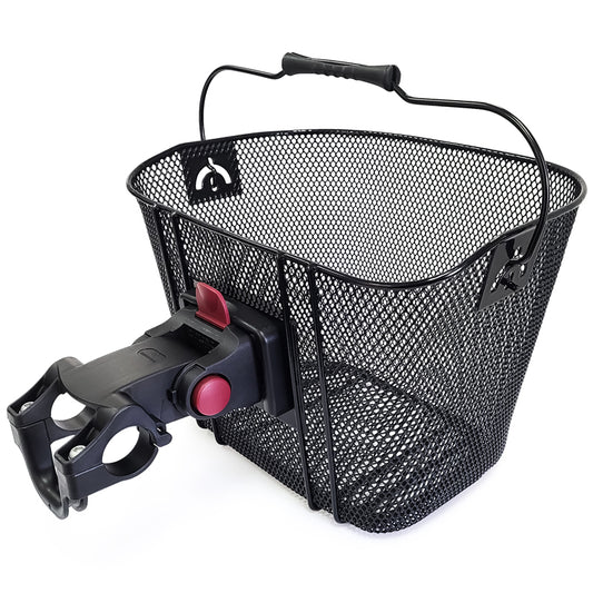 Damco front basket with QR code, designed for bicycles, made of durable metal, mounted on a bike with a spacious storage area.