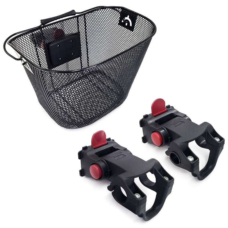 Damco front basket with QR code for bikes, made of durable materials, mounted on a bicycle for convenient storage.