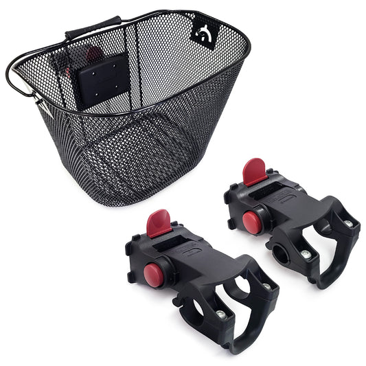 Damco front basket with QR code for bikes, made of durable materials, mounted on a bicycle for convenient storage.