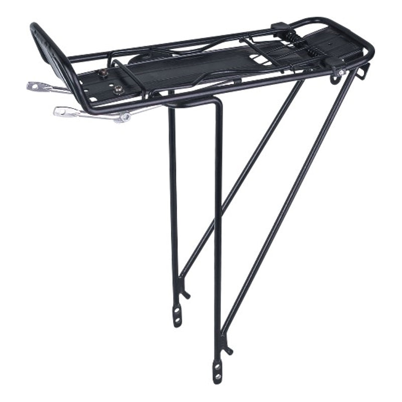 Damco rear carrier rack with spring attachment, mounted on a bicycle, designed for carrying gear and accessories.