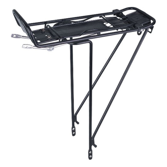 Damco rear carrier rack with spring attachment, mounted on a bicycle, designed for carrying gear and accessories.