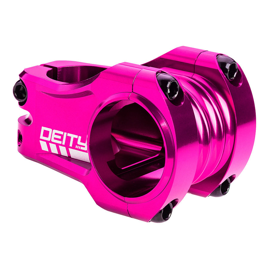 Deity Copperhead 42 threadless stem in black, 28.6mm diameter, mounted on a bicycle handlebar for bike control and style