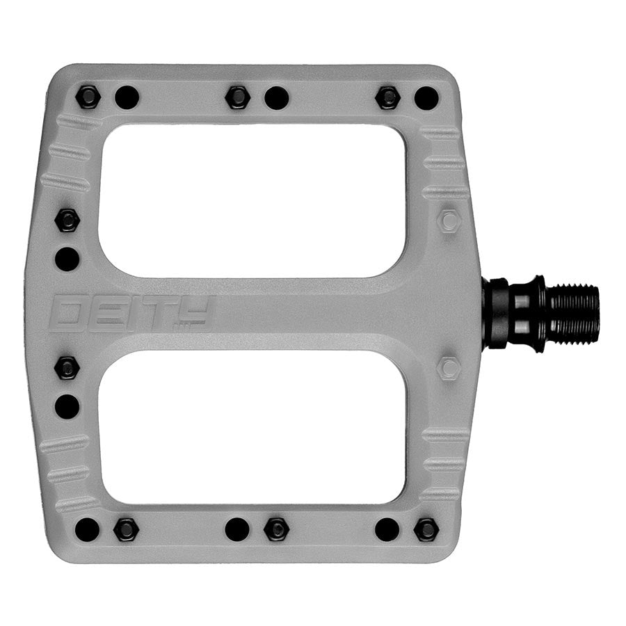Pair of black Deity Deftrap platform pedals for BMX and mountain biking, featuring durable construction and wide grip surface.
