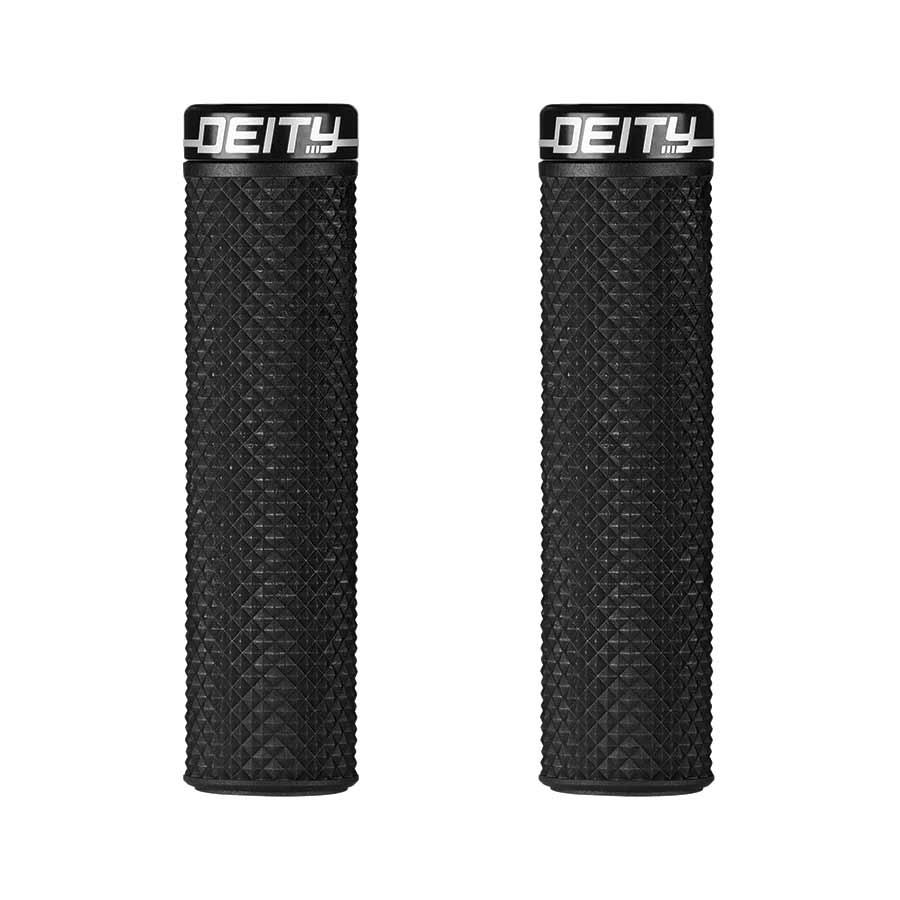 Pair of Deity Supracush grips in black, featuring textured rubber surface for enhanced grip and control.