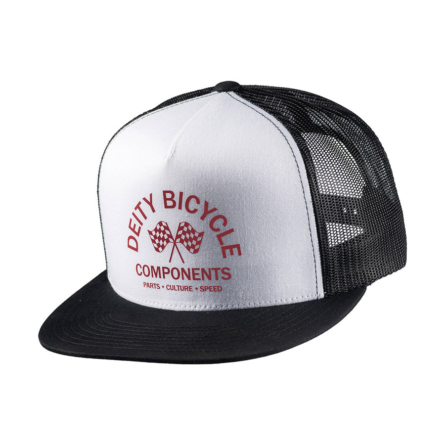 Deity Kickstart trucker hat in casual wear style, featuring a fitted cap with a structured front and mesh back.