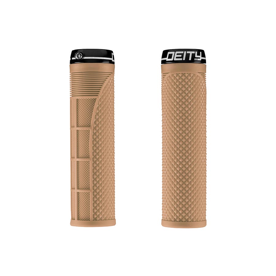 Pair of black Deity Megattack grips for bikes, showcasing textured rubber handles with branding details.