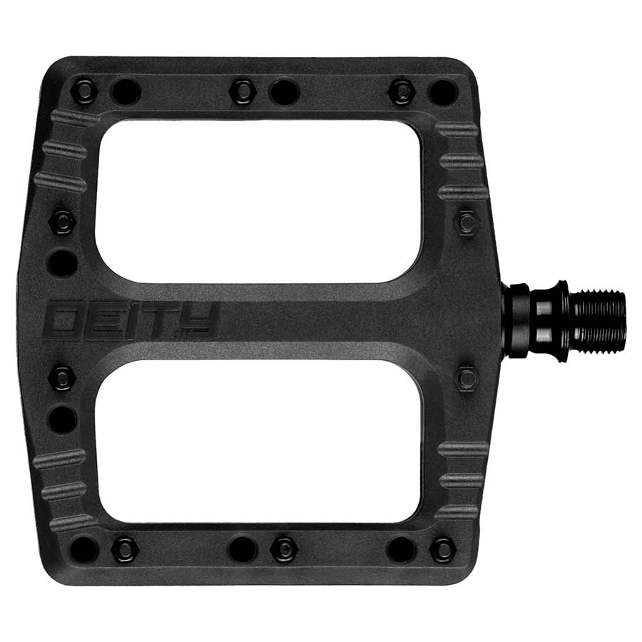 Pair of black Deity Deftrap platform pedals for bicycles, featuring a durable design and wide grip surface.