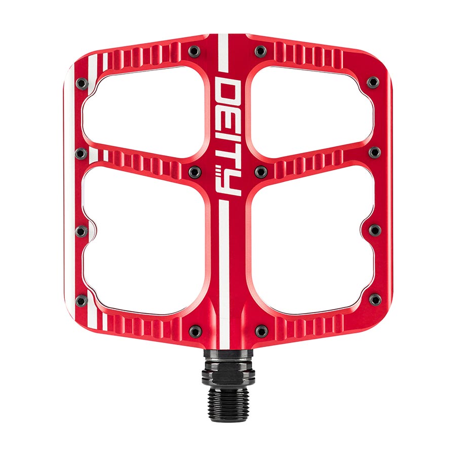 Pair of Deity Flat Trak platform pedals in black, showing the textured metal surface and sturdy design for BMX biking.