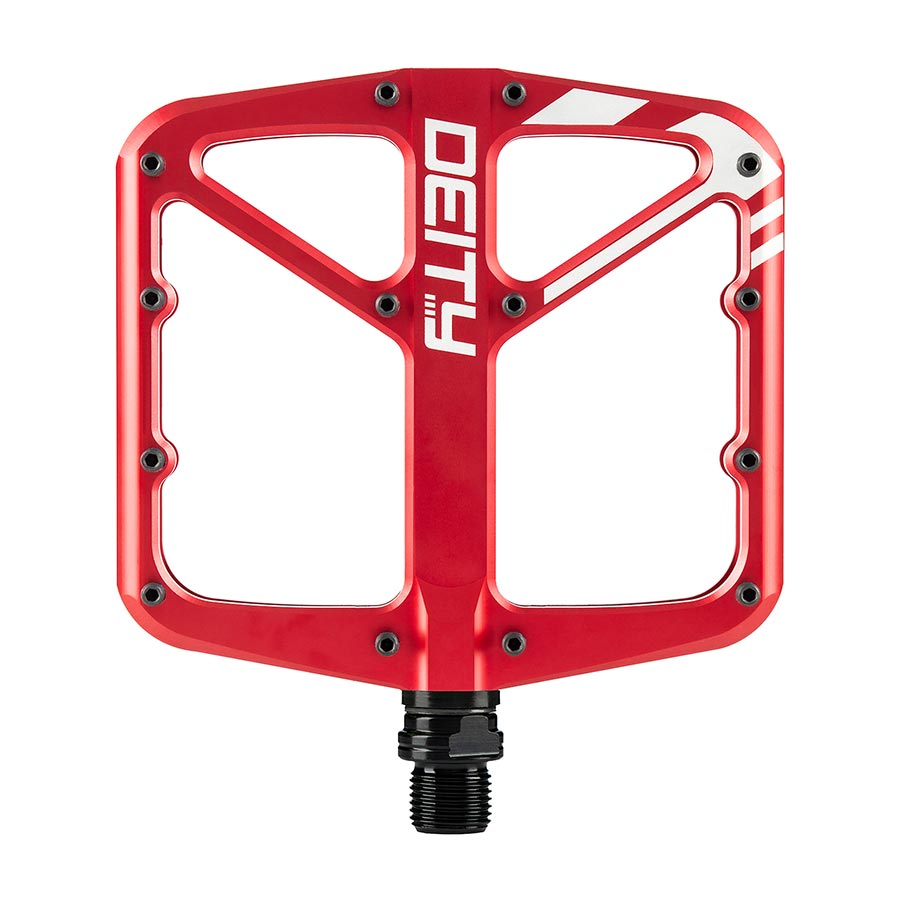 Pair of black Deity SuperVillain platform pedals for bikes, featuring durable construction and wide foot support.