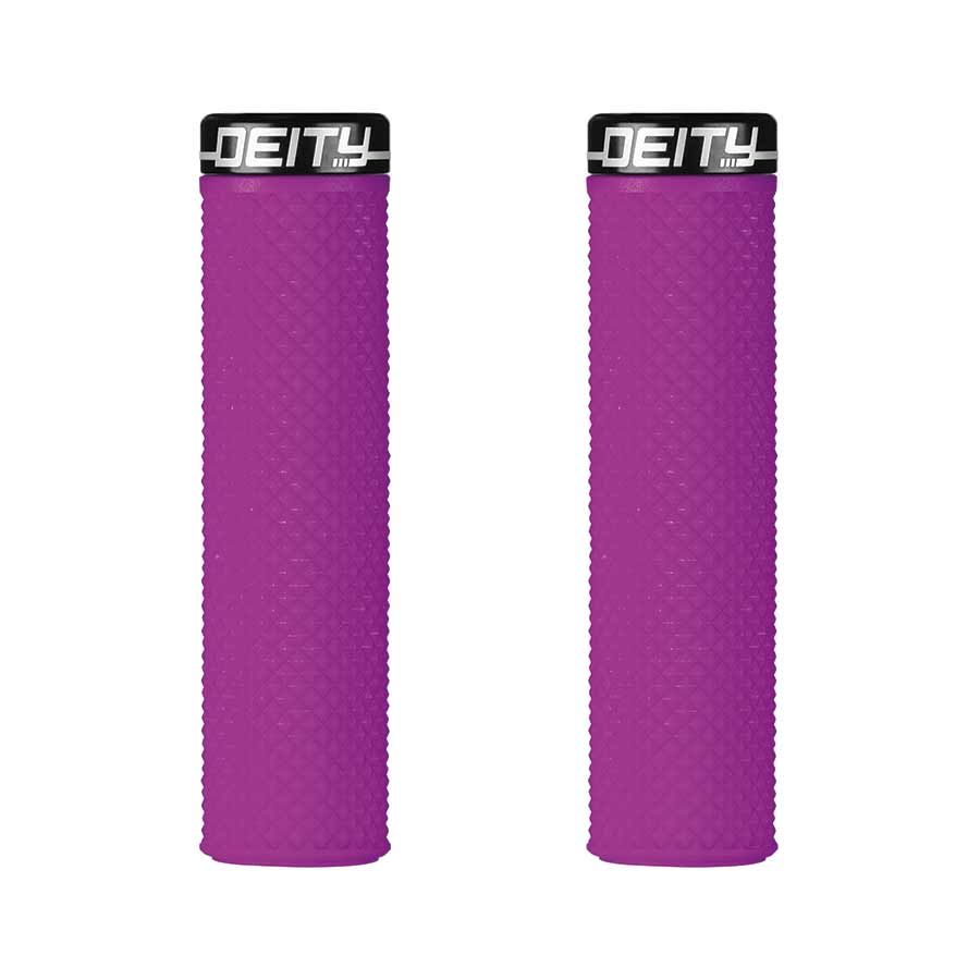 Pair of black Deity Supracush grips for bicycle handlebars, featuring textured surface for enhanced grip and comfort.
