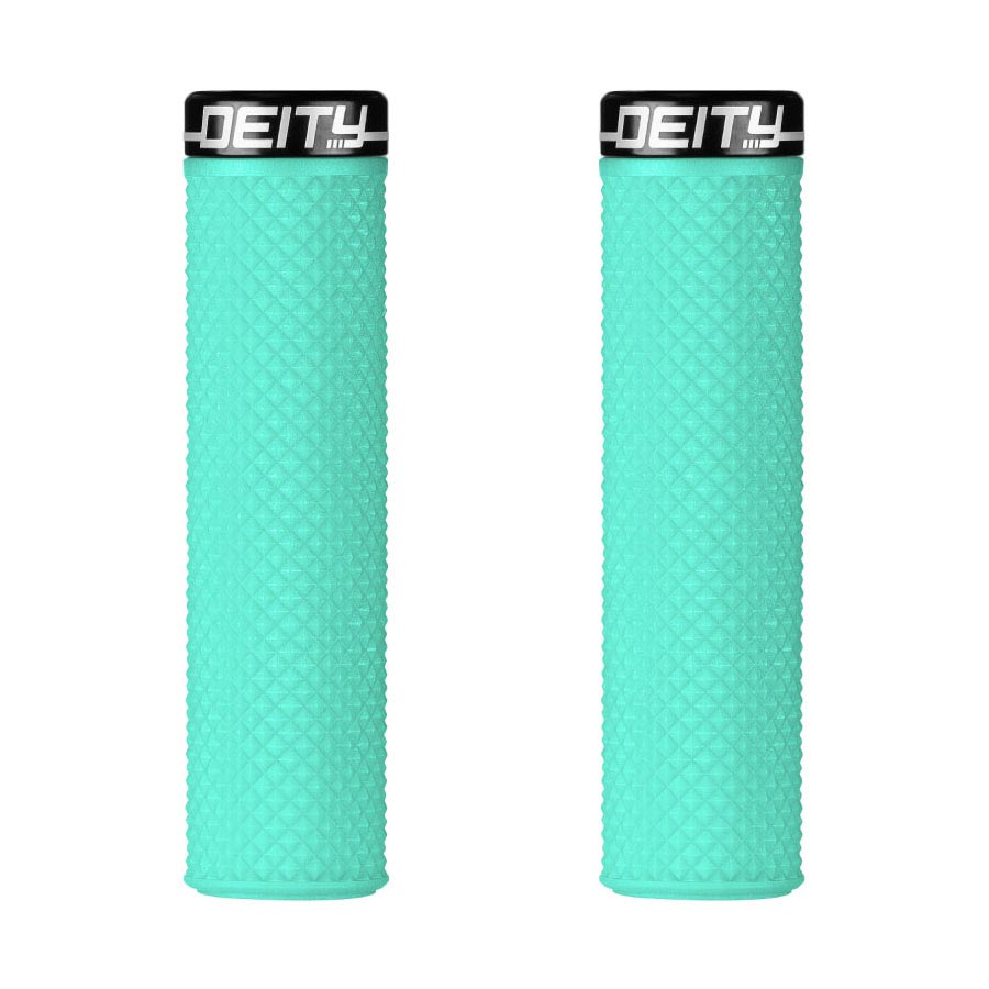 Pair of black Deity Supracush grips for bikes, featuring textured rubber handles for improved grip and control.