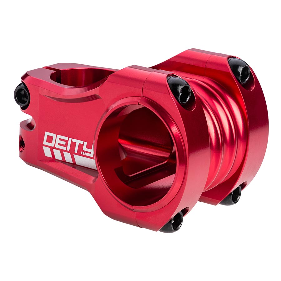 Deity Copperhead 42mm black threadless stem for mountain bikes, showing sleek design and sturdy construction.