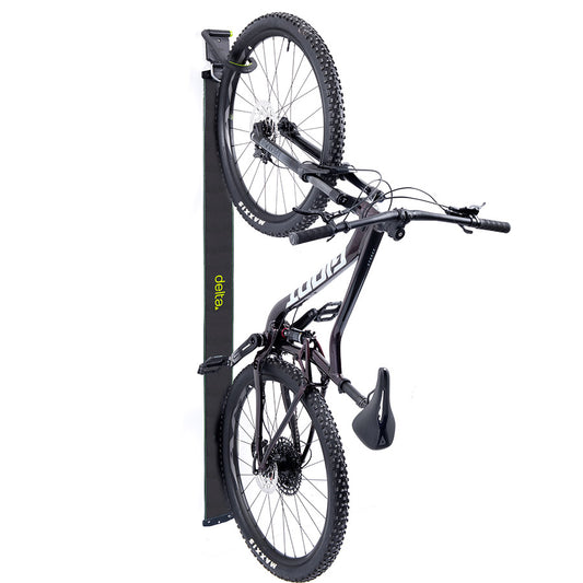 Delta Wall Ride bicycle hooks for tires up to 3.75 inches, holds up to 100lbs, mounted on wall for bike storage.