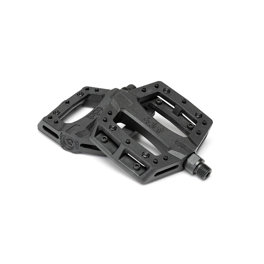 Pair of black Eclat Contra platform pedals with metal pins for BMX bikes, showcasing the durable design and textured grip.