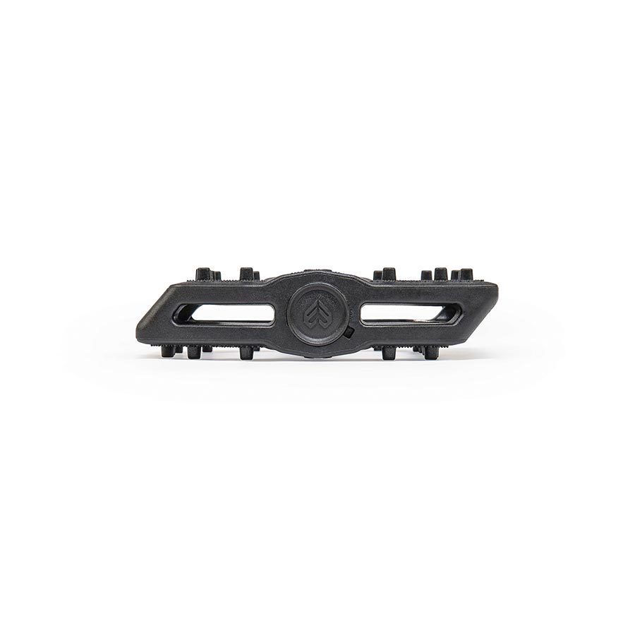 Pair of black Eclat Slash platform pedals with metal pins and durable design for BMX and mountain biking.