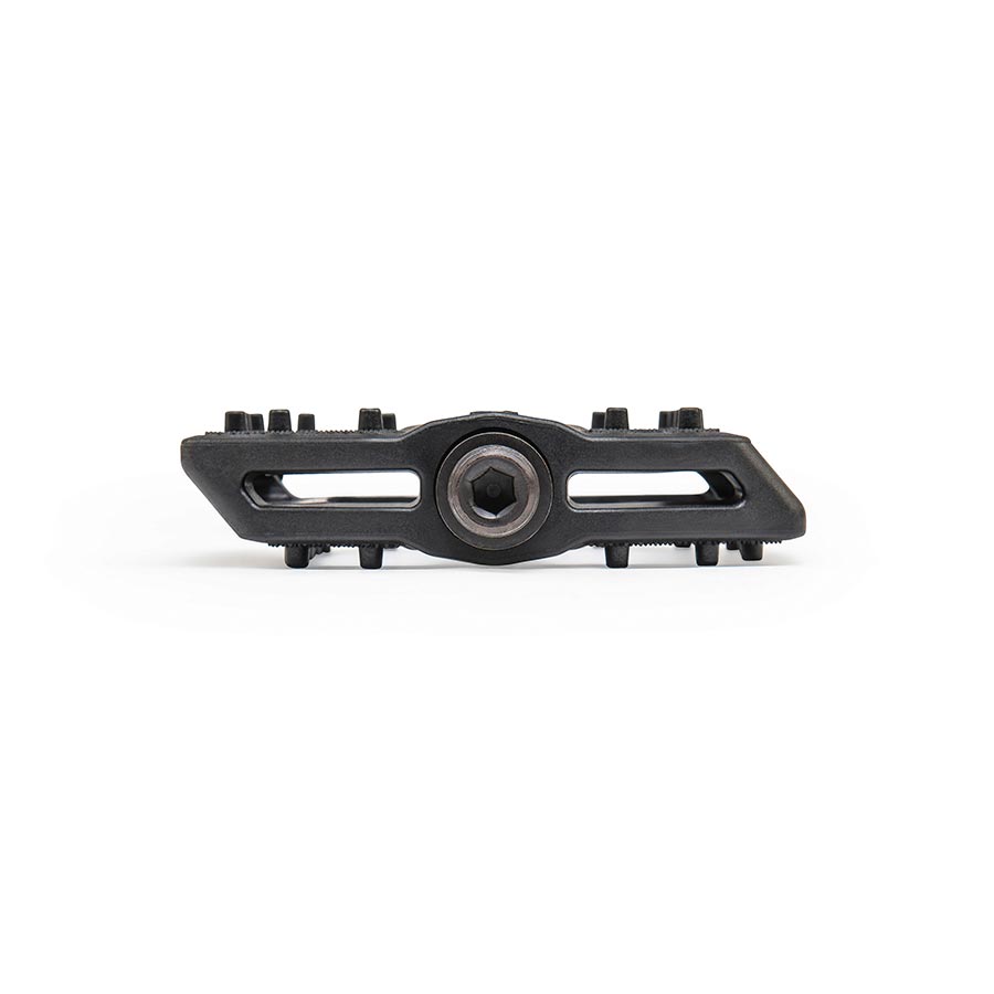 Black Eclat Slash platform pedals for BMX bikes, showing the textured pedal surface and durable metal construction.