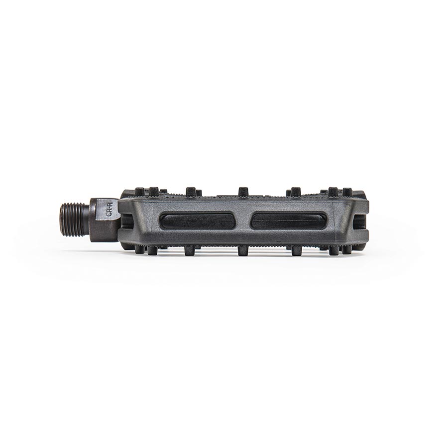 Black Eclat Slash platform pedals for BMX bikes, showing the durable metal body and adjustable pins in a close-up shot.