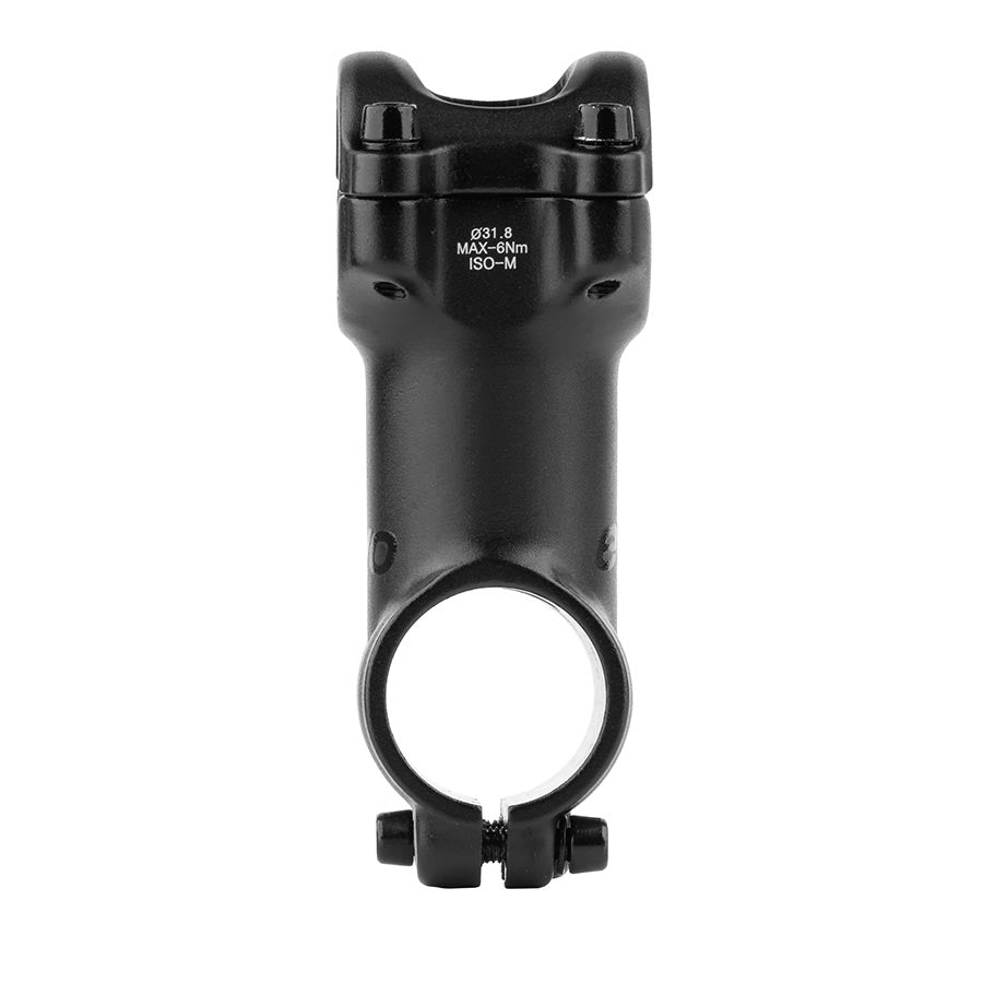 Evo Ascend Pro threadless stem in black, 60mm length for 1-1/8 inch steerer tubes, mounted on a bike handlebar.
