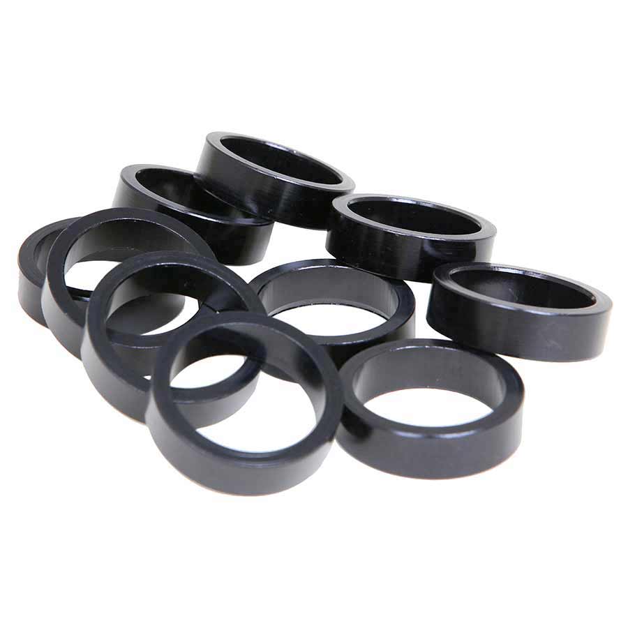 Evo alloy 1-1/8 inch headset spacers, 2.5mm thick, set of 10, designed for bike handlebars and headsets.