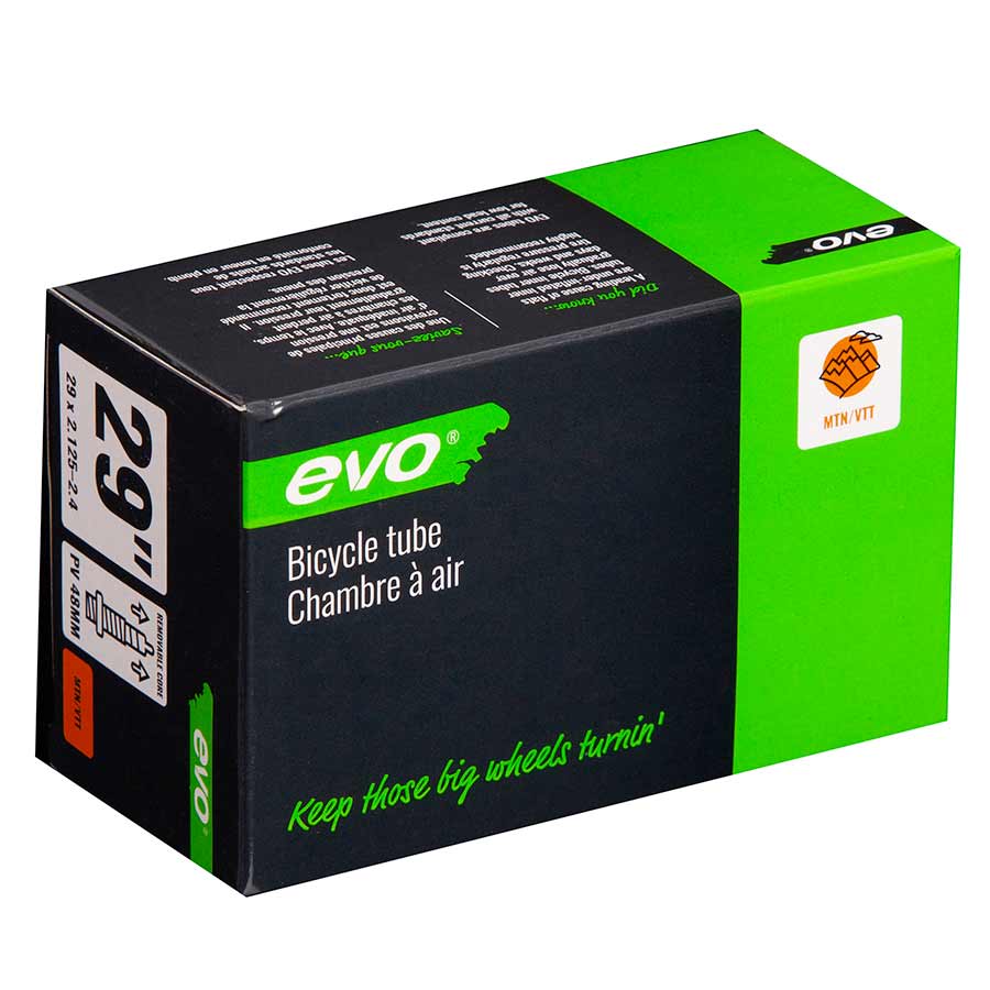Evo Presta tube for 700c bikes, 48mm length, suitable for 23-25c tires, with valve and packaging visible in the image.