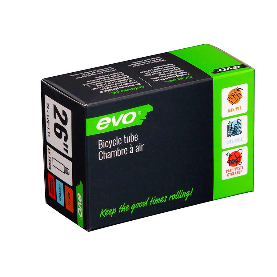Evo Schrader tubes for bicycle tires, 35mm length, suitable for 12-1/2 to 1-3/4 inch tires, black rubber with metal valve stem