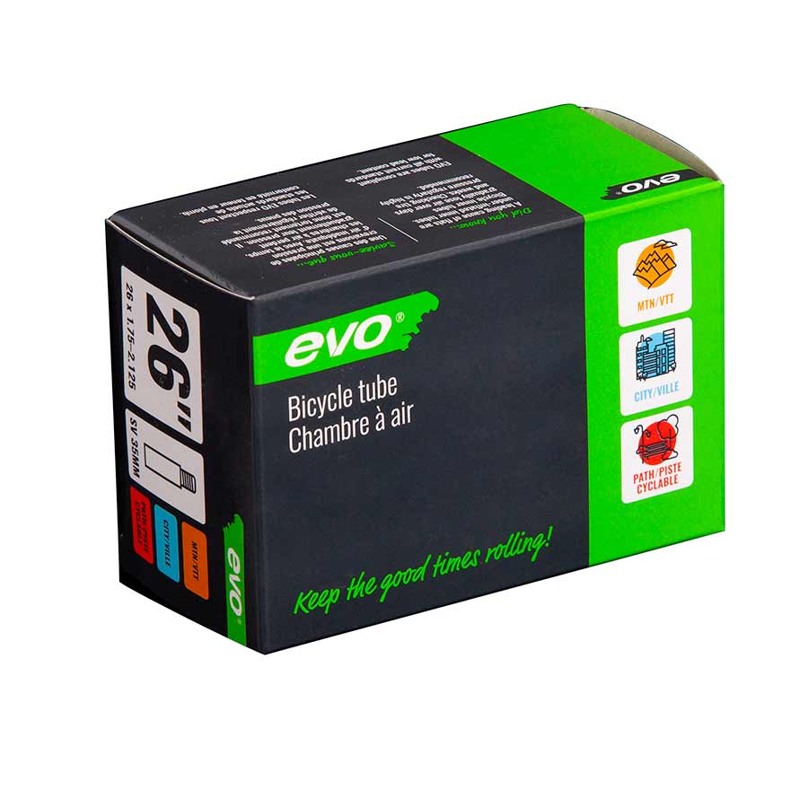 Evo Schrader tubes for bicycles with 35mm length, standard valve, compatible with various bike tires, high-quality bike inner tubes