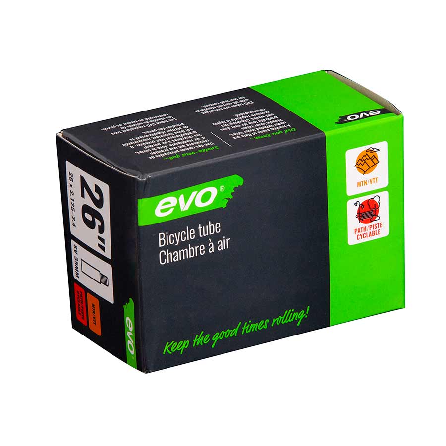 Evo Schrader tubes for bikes, 35mm length, durable rubber inner tubes with Schrader valves, suitable for various bicycle tires.