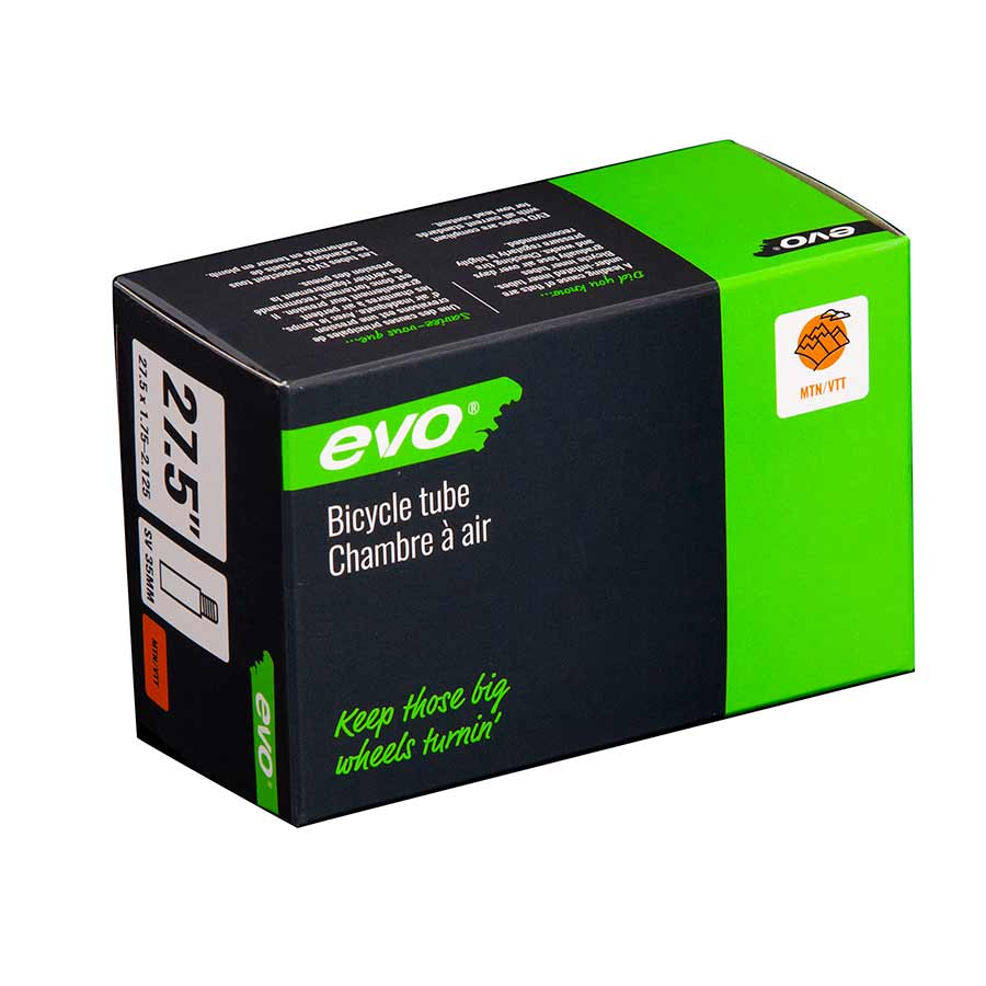 Evo Schrader tubes for bicycles, 35mm length, standard valve, suitable for bike tires, with a black rubber finish.