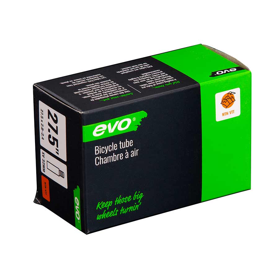 Evo Schrader tubes for bike tires, 35mm length, standard valve, suitable for road and mountain bikes, in a clear image.