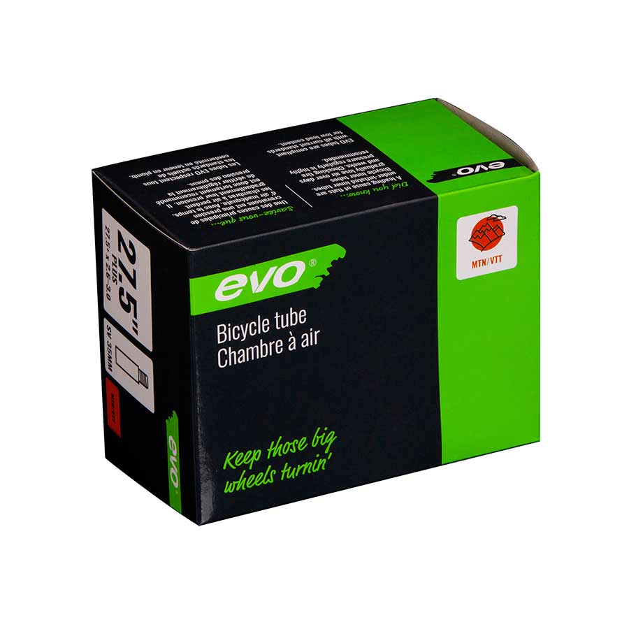 Evo Schrader tubes for bikes, 35mm length, standard size, black rubber inner tubes with Schrader valves for bicycle tires.