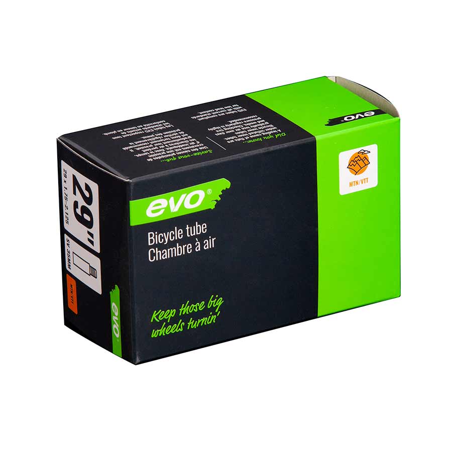 Evo Schrader tubes for bicycle tires, 35mm length, suitable for 12- to 1-1/2-inch rims, black rubber, standard valve.