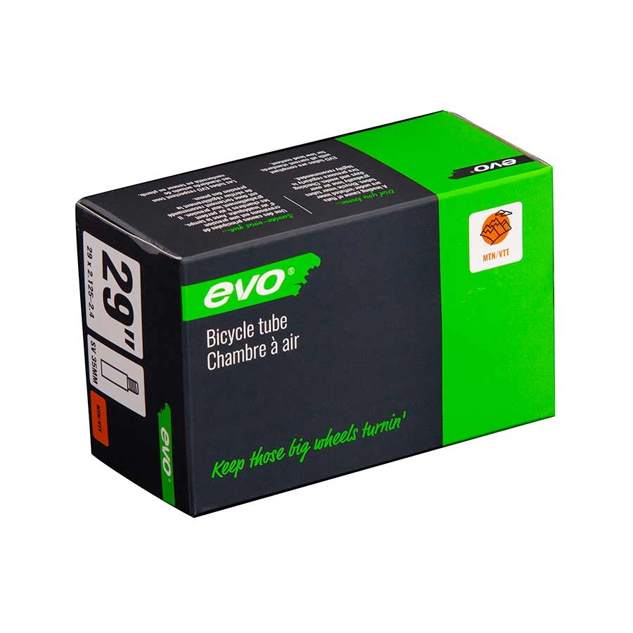 Evo Schrader tubes for bicycle tires, 35mm length, suitable for 12-1/2 to 1-3/4 inch tires, with Schrader valve.