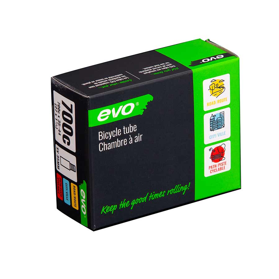 Evo Schrader inner tube for bicycle tires, 35mm length, suitable for 12-1/2 to 1.75-2.125-inch tires, with Schrader valve.