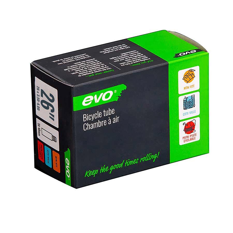 Evo Schrader tubes for bicycles, 35mm length, standard valve, suitable for various bike tires, shown in the image.