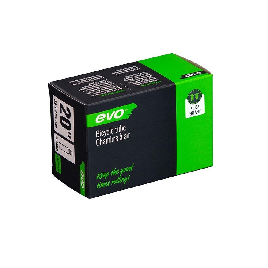 Evo Schrader tubes for bicycles, 35mm length, compatible with 12-1/2 to 1.75-2.125 inch tires, in a package of two.