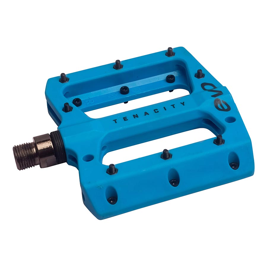 Pair of Evo Tenacity black platform pedals with metal pins for BMX and mountain biking, durable and lightweight cycling accessories.