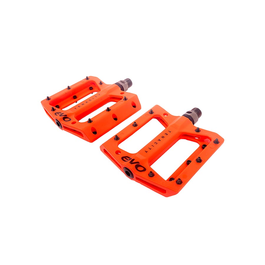 Pair of Evo Tenacity platform pedals in black with textured grip surface for mountain biking or cycling.